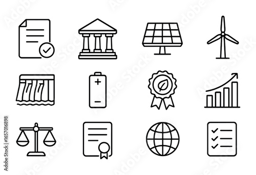 Renewable Energy Icons. Outline icon set of renewable energy policy compliance: document, government building,