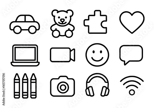 Virtual Playdate Icons. Outline icon set of virtual playdates: toy car, teddy bear, puzzle piece, heart,