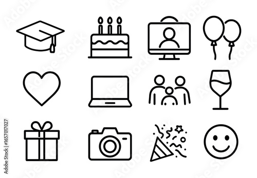 Celebration Icons Grid. Outline icon set of milestone celebrations: graduation cap, cake, video call icon,