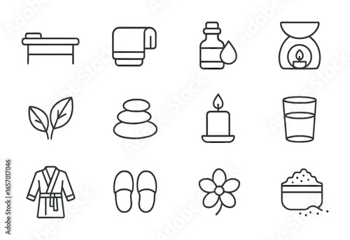 Spa Icon Collection. Outline icon set of spa and relaxation: massage table, towel, essential oil, aromatherapy