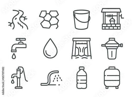 Water Scarcity Icons. Outline icon set of water scarcity: dry river, cracked earth, empty bucket, well, faucet