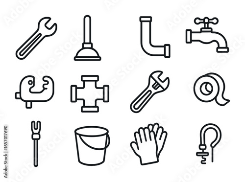 Plumbing Tool Icons. Outline icon set of plumbing repairs: wrench, plunger, pipe, faucet, pipe cutter, T-joint