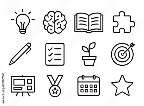 Self-Improvement Icon Set. Outline icon set of self-improvement ideas: light bulb, brain icon, open book,