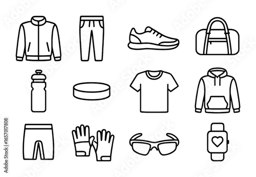 Men's Sportswear Icons. Outline icon set of sportswear for men: track jacket, sweatpants, running shoes, gym