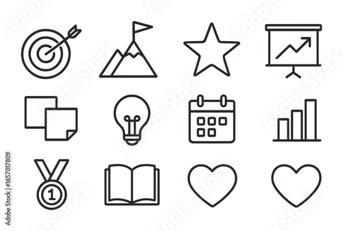 Success Icons Grid. Outline icon set of success visualization: arrow hitting target, mountain peak, flag, star