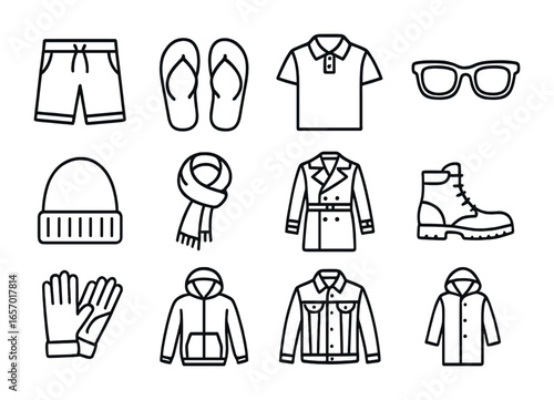 Seasonal Men's Fashion Icons. Outline icon set of seasonal men’s fashion: summer shorts, flip-flops, polo