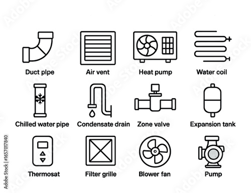 HVAC Icon Set. Outline icon set of HVAC and plumbing integration: duct pipe, air vent, heat pump, water coil,