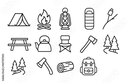 Spring Forest Camping Icons. Outline icon set of camping in the spring forest: tent, campfire, lantern,