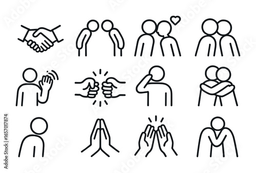 Greeting Customs Icons. Outline icon set of greeting customs: handshake, bow, cheek kiss, forehead touch, hand