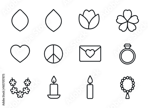 Cultural Symbol Icon Set. Outline icon set of cultural symbolism of petals: rose petal, lotus petal, daisy