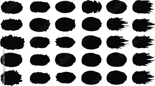 Set of black grunge oval brush strokes and paint splatters isolated on white background for artistic design elements