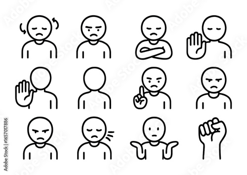 Disagreement Icons Set. Outline icon set of disagreement cues: head shake, frown, crossed arms, hand wave,