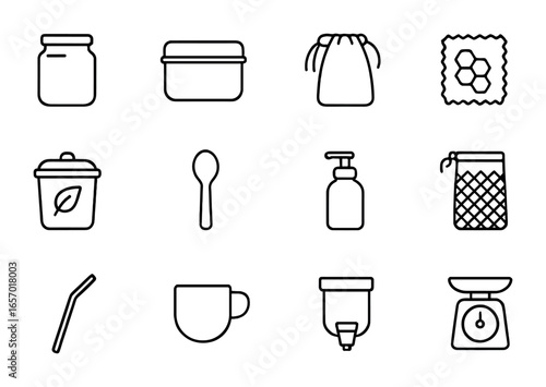 Zero Waste Kitchen Icons. Outline icon set of zero waste kitchen: glass jar, metal container, cloth bag,
