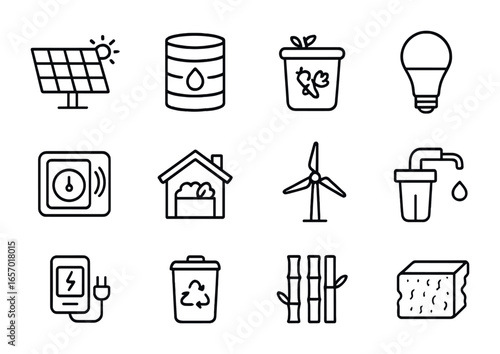 Eco Home Icon Set. Outline icon set of eco-friendly home solutions: solar panel, rainwater tank, compost bin,