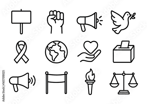 Activism Icon Set. Outline icon set of activism and advocacy: protest sign, raised fist, megaphone, peace dove