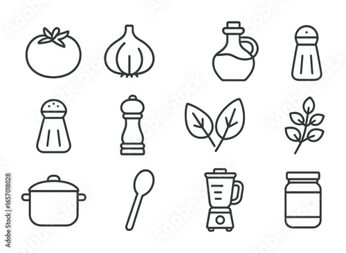 Homemade Sauce Ingredients Icons. Outline icon set of homemade sauce making: tomato, garlic bulb, onion, olive