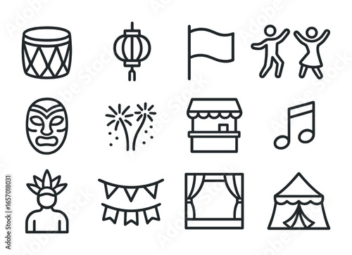 Cultural Festival Icons. Outline icon set of cultural festivals: drum, lantern, flag, dancers, mask, fireworks