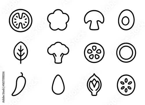 Vegetable Pizza Toppings. Outline icon set of vegetable pizza toppings: tomato slice, bell pepper ring,