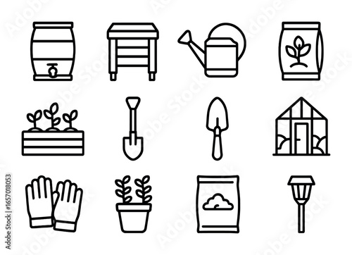 Sustainable Gardening Icons. Outline icon set of sustainable gardening: rain barrel, compost bin, watering can