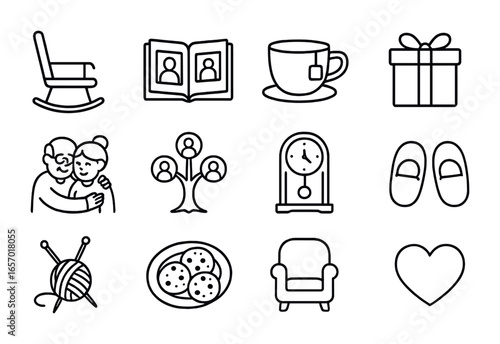 Grandparents Visit Icons. Outline icon set of visiting grandparents together: rocking chair, photo album, tea