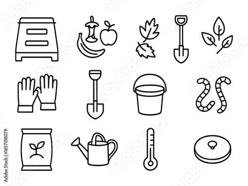 Home Composting Icons. Outline icon set of composting at home: compost bin, food scraps, leaves, garden fork,