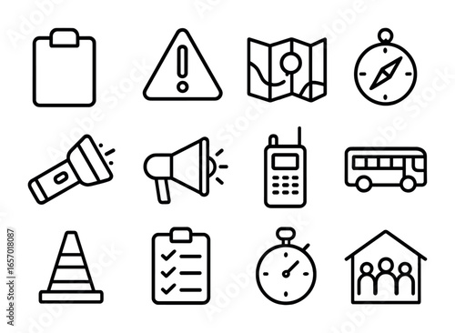 Disaster Response Icons. Outline icon set of disaster response planning: clipboard, warning sign, map, compass