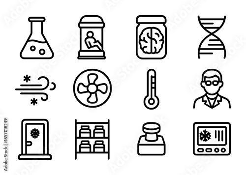 Human Cryo Science Icons. Outline icon set of human freezing science: laboratory flask, cryo pod, brain