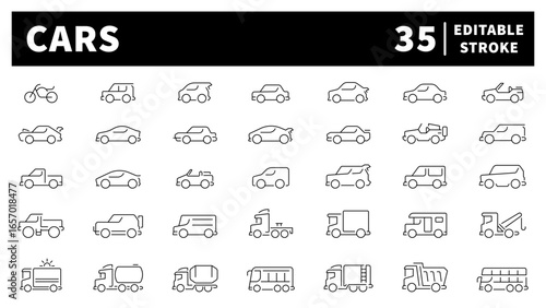 Car icons in line style. Outline car icons. Car related icons set. Car shapes. Car body types