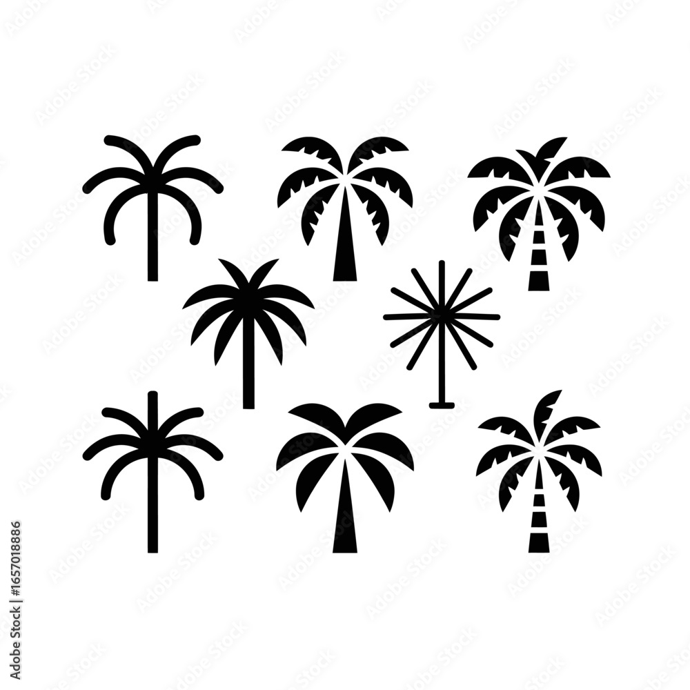 Fototapeta premium Minimalist Vector Black Icon Palm Trees – Black Silhouette Tropical Design on White Background, Perfect for Posters, Wall Art, and Graphic Design Projects