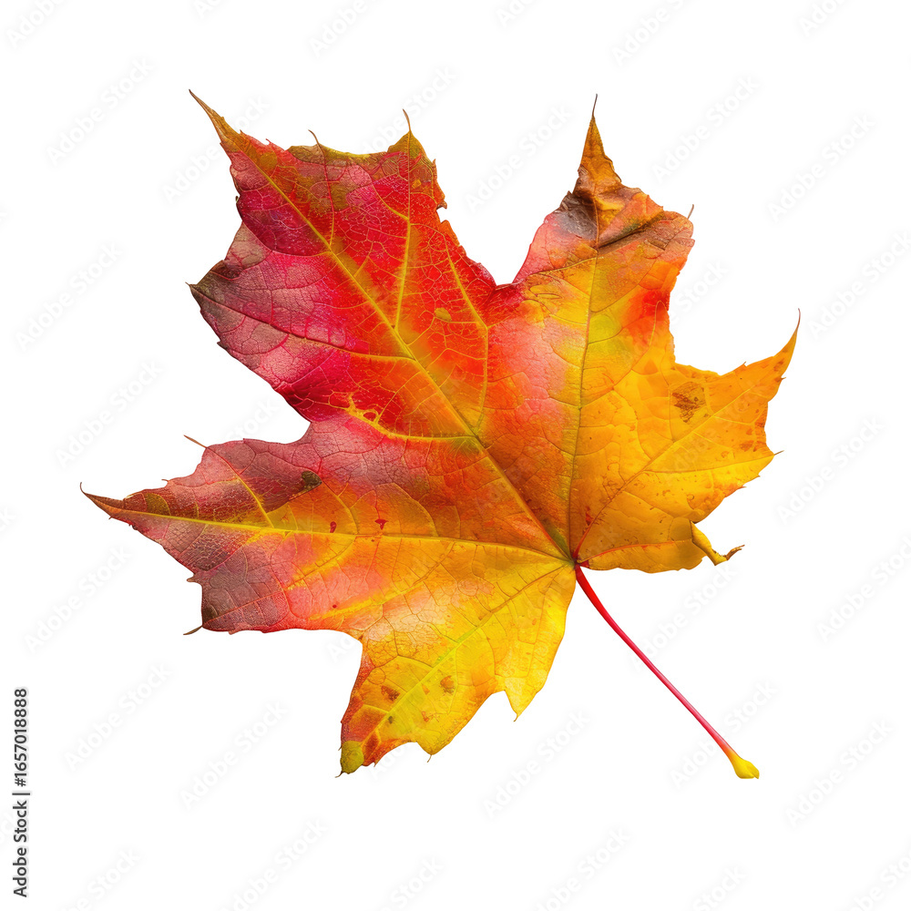 Obraz premium Vibrant autumn maple leaf, displaying a mix of fiery red and golden yellow hues, sharply defined against a stark black background