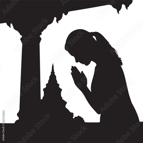 Silhouette of a woman praying at a Buddhist stupa under an ornate canopy meditation Buddhism