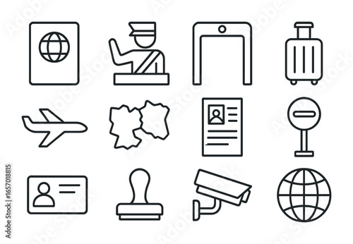 Border Crossing Icons. Outline icon set of border crossing: passport, customs officer, control gate, luggage,