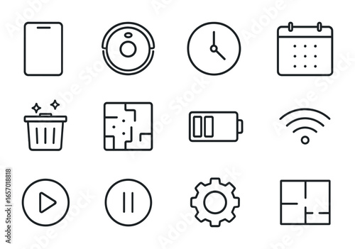 Vacuum App Icon Set. Outline icon set of mobile app vacuum scheduling: app screen, robot icon, time picker,