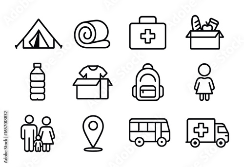 Displaced Persons Icon Set. Outline icon set of displaced persons: tent, blanket, medical kit, food box, water