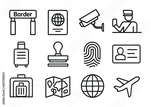 Immigration Control Icons. Outline icon set of immigration control: border gate, passport, security camera,