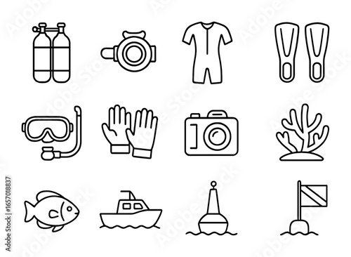 Scuba Diving Icons. Outline icon set of scuba diving: oxygen tank, regulator, wetsuit, fins, mask, diving