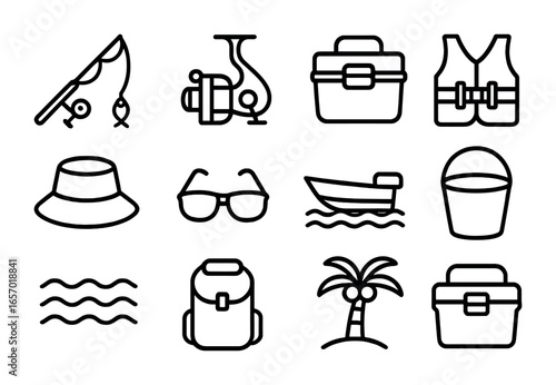 Coastal Fishing Icons. Outline icon set of coastal fishing: fishing rod, reel, bait box, life vest, hat,