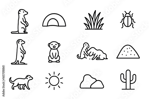 Meerkat Icon Set. Outline icon set of meerkat sentry duty: meerkat standing, burrow, desert plant, insect,