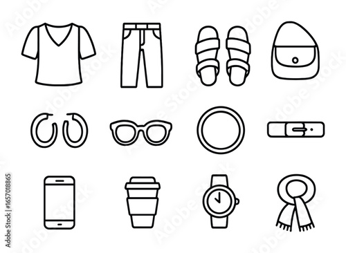 Fashion Essentials Icons. Outline icon set of outfit of the day post: blouse, jeans, sandals, crossbody bag,