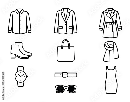 Capsule Wardrobe Icons. Outline icon set of capsule wardrobe must-haves: white shirt, jeans, blazer, trench