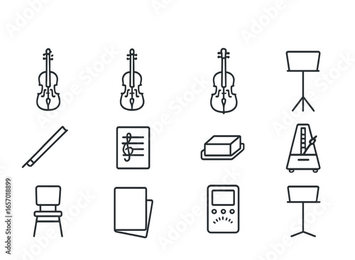 Chamber Music Icon Set. Outline icon set of chamber music essentials: violin, viola, cello, music stand, bow,