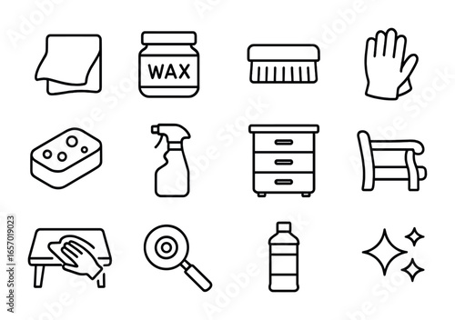Wood Polish Tools Icons. Outline icon set of wood polish tools and furniture: polishing cloth, wax jar, brush,