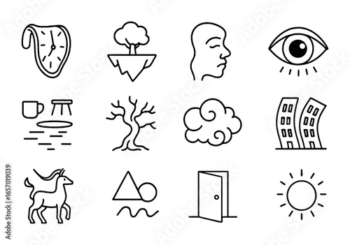 Surreal Icon Collection. Outline icon set of surreal campaigns: melting clocks, floating islands, distorted