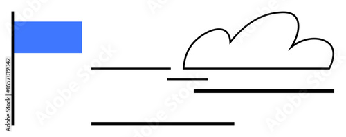Blue flag stands beside abstract cloud design with dynamic horizontal lines. Ideal for progress, motion, weather, simplicity, minimalism, speed, fluidity. Clean and simple flat metaphor