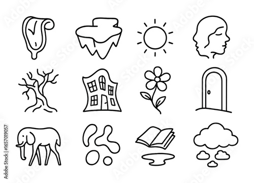 Dreamlike Icon Set. Outline icon set of dreamlike marketing elements: melting clocks, floating islands,