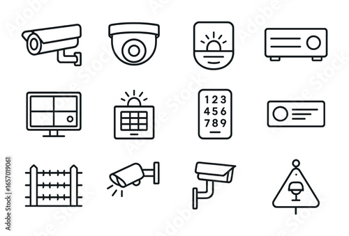 Security Device Icons. Outline icon set of security monitoring devices: bullet camera, dome camera, motion