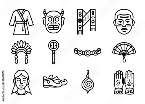 Ethnic Festival Icon Set. Outline icon set of ethnic festival costumes and ritual garments: traditional robes,