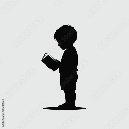 black vector silhouette of a child standing and holding an open book, simple clean lines, slightly angled for depth, flat minimal style,