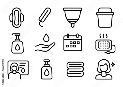 Period Care Icons. Outline icon set of period care and management: sanitary pad, tampon, menstrual cup,