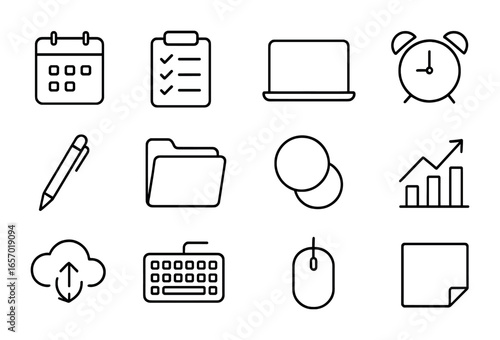 Content Management Icons. Outline icon set of content management on desktop: calendar, checklist, laptop,